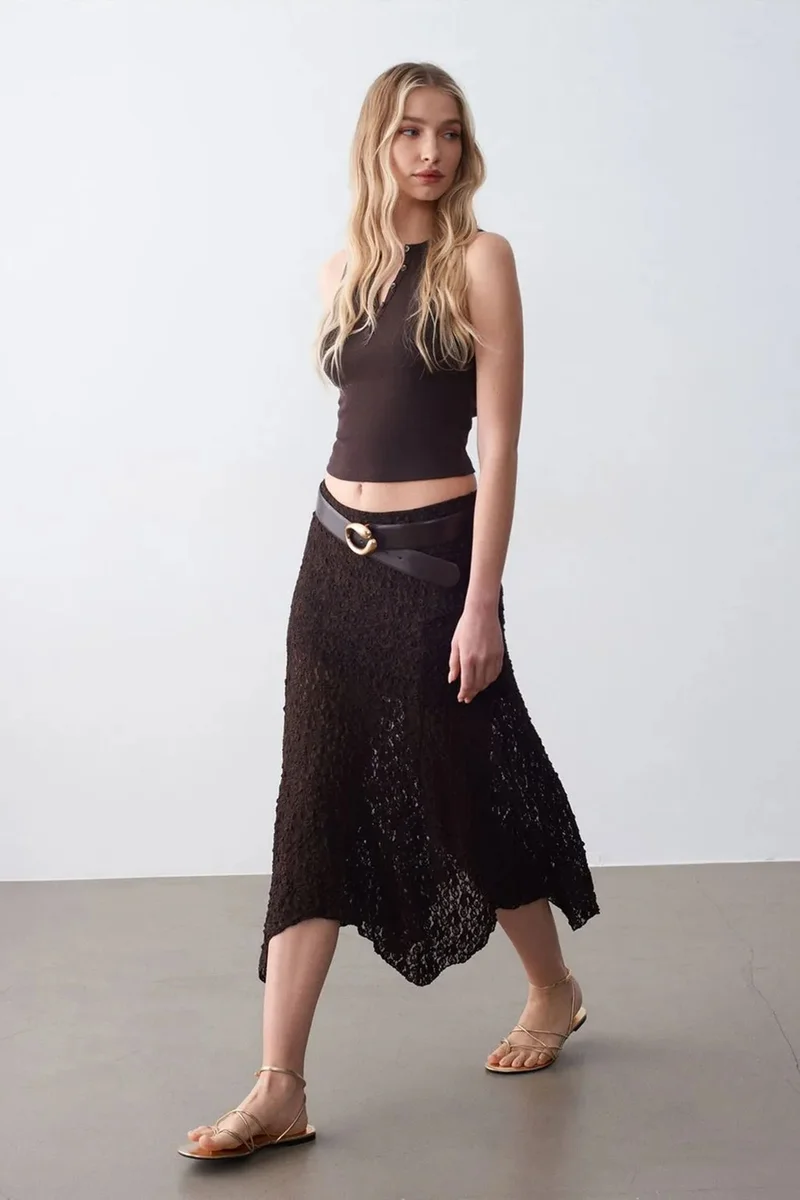 Dilvin Black DILVIN High-Waist Lace A-Line Midi Skirt for Women | Best Price UAE