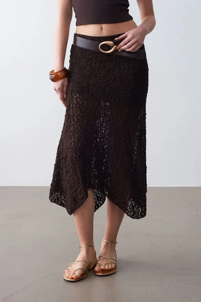 Dilvin Black DILVIN High-Waist Lace A-Line Midi Skirt for Women | Best Price UAE