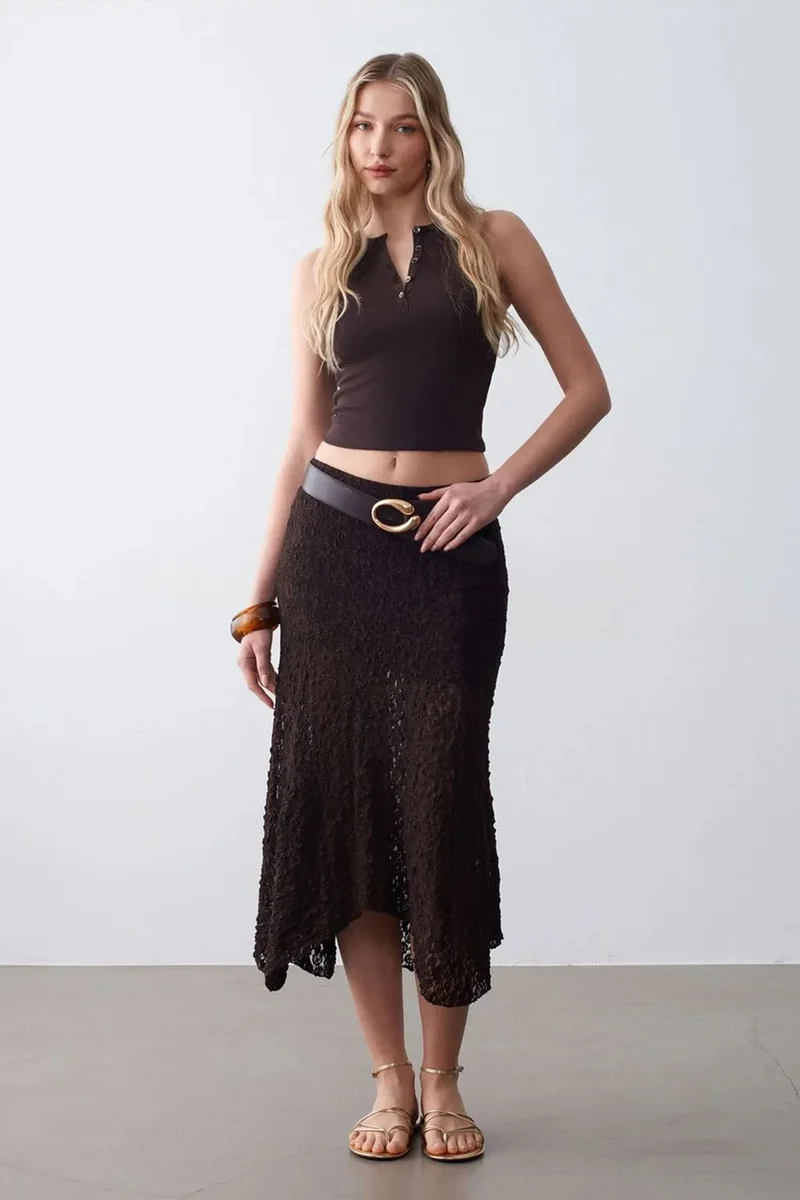 DILVIN High-Waist Lace A-Line Midi Skirt