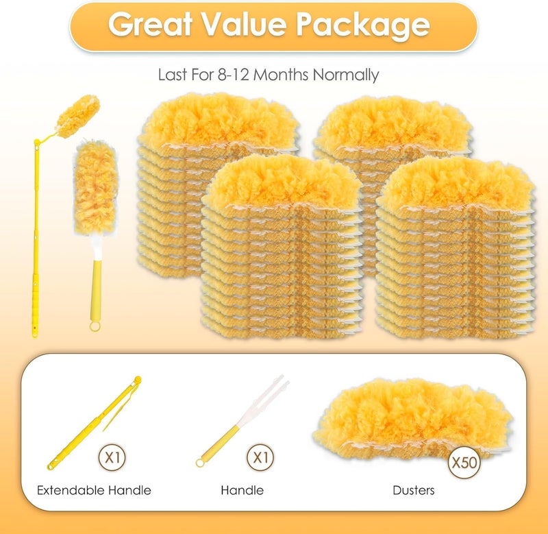 BRUVISH 50 Count Feather Duster Refills for Swiffer Dusters Handle, 360 Degree Multi-Surface Duster Refill Kit with 1 Extended Handle and 1 Short Handle, Disposable Dust Removal Brush Heads for Electronics - Image 4