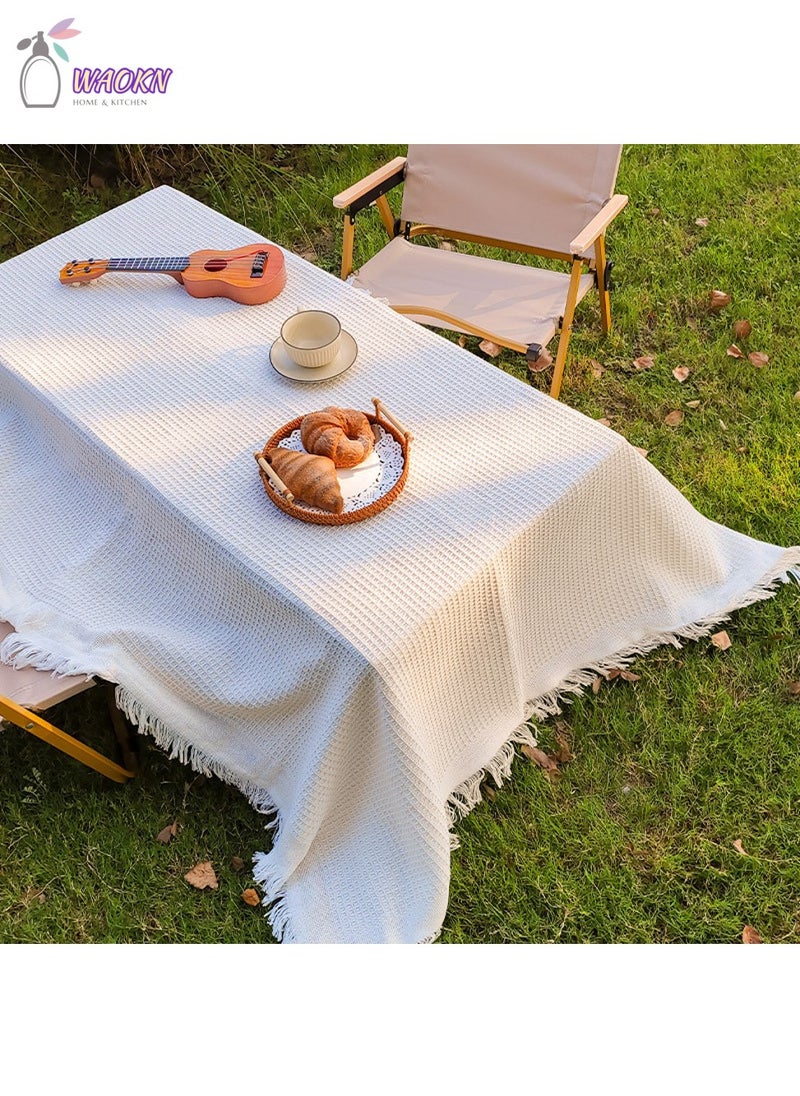 WAOKN Tablecloth Terylene Cotton With Tassel Leisure Shee Picnic Sheet Picnic Mat Northern Europe Foldable Lightweight Large Compact Storage Portable Outdoors Sports Festivals Cherry Blossom Viewing 180 x 130cm Beige  - Image 1