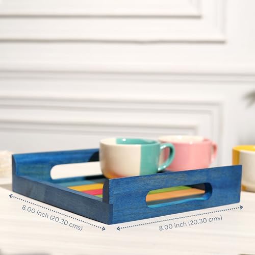Hashcart Rosewood Tray for Serving - Food, Breakfast and Butler Tray with Handle (Blue, Standard) - Image 3