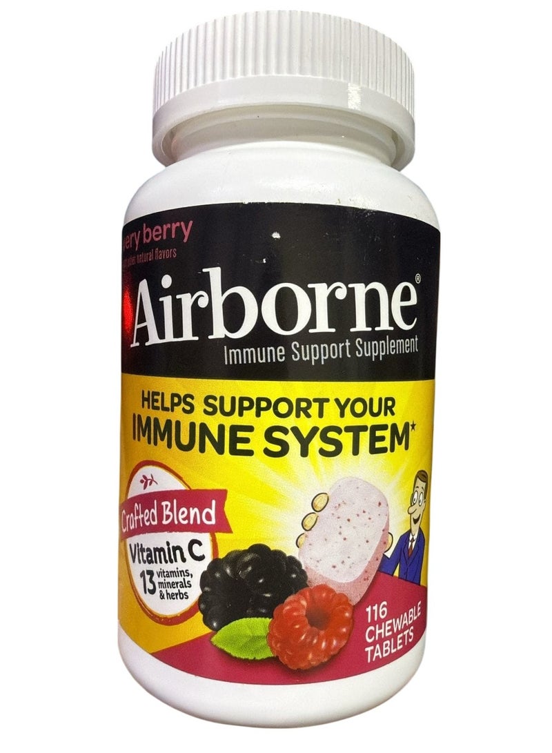 Airborne 1000mg Vitamin C with Zinc, Immune Support Supplement with Powerful Antioxidants Vitamins A C & E - 116 Chewable Tablets, Very Berry Flavor  - Image 1
