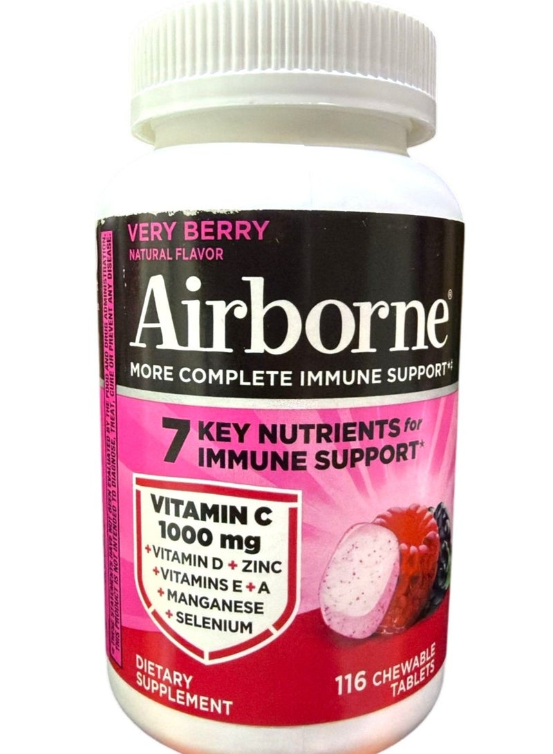 Airborne 1000mg Vitamin C with Zinc, Immune Support Supplement with Powerful Antioxidants Vitamins A C & E - 116 Chewable Tablets, Very Berry Flavor .(Packaging May Vary) - Image 1