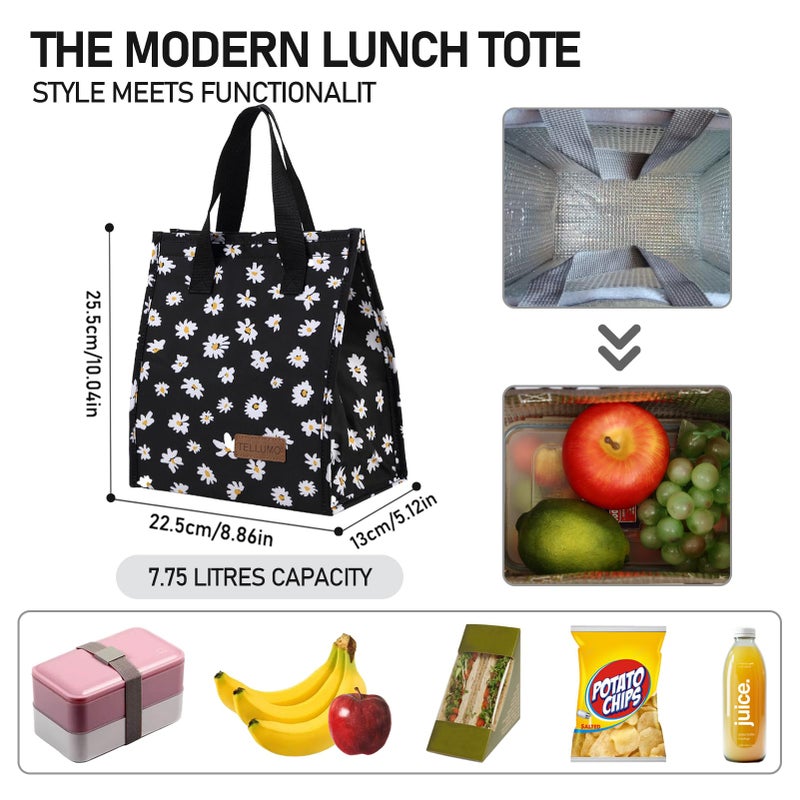 TELLUMO Lunch bag, Insulated Lunch Bag for Women Men Large Lunch Box Container Reusable Leakproof Tote for Office, Work, School, Beach or Travel (Black Daisy) - Image 5