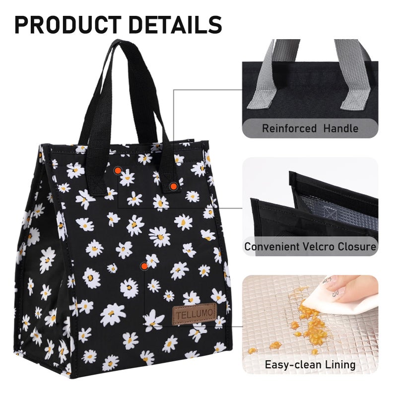 TELLUMO Lunch bag, Insulated Lunch Bag for Women Men Large Lunch Box Container Reusable Leakproof Tote for Office, Work, School, Beach or Travel (Black Daisy) - Image 4