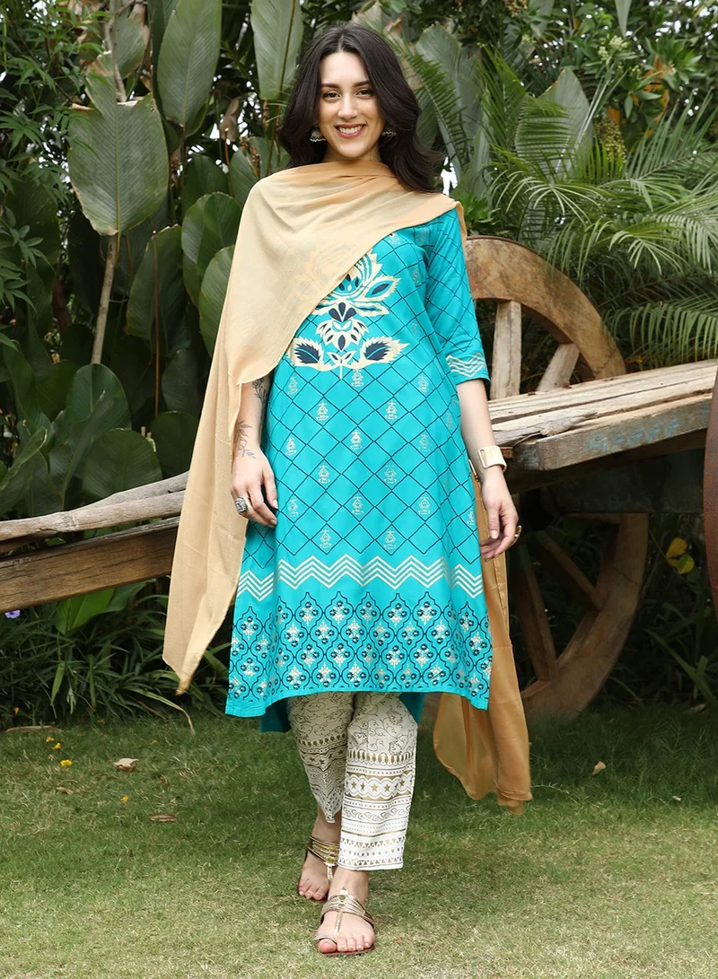 QISSA Women's Turquoise Blue Metallic Ethnic Print Kurta With Chalk White Metallic Print Trousers Set