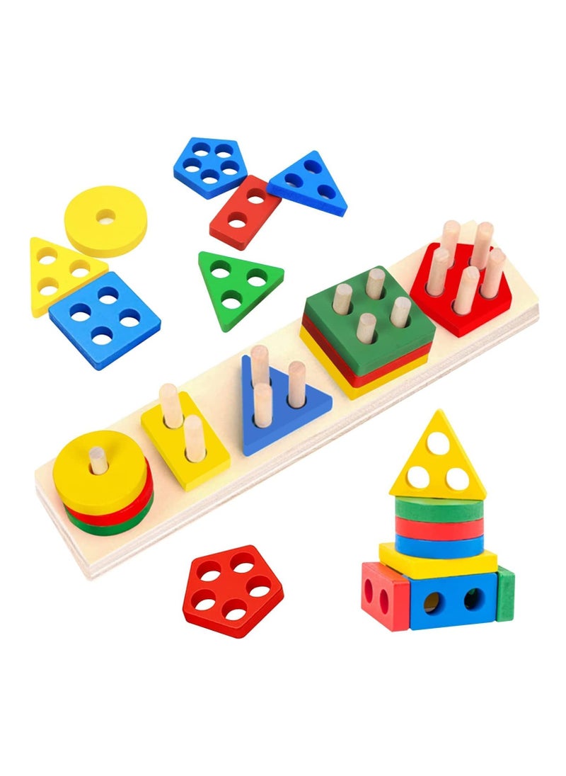SKY-TOUCH Wooden Sorting & Stacking Toys, Shape Color Recognition Geometric Blocks Matching Puzzle with Lacing String, Educational Preschool Learning Board Game Gift for Babies  - Image 1