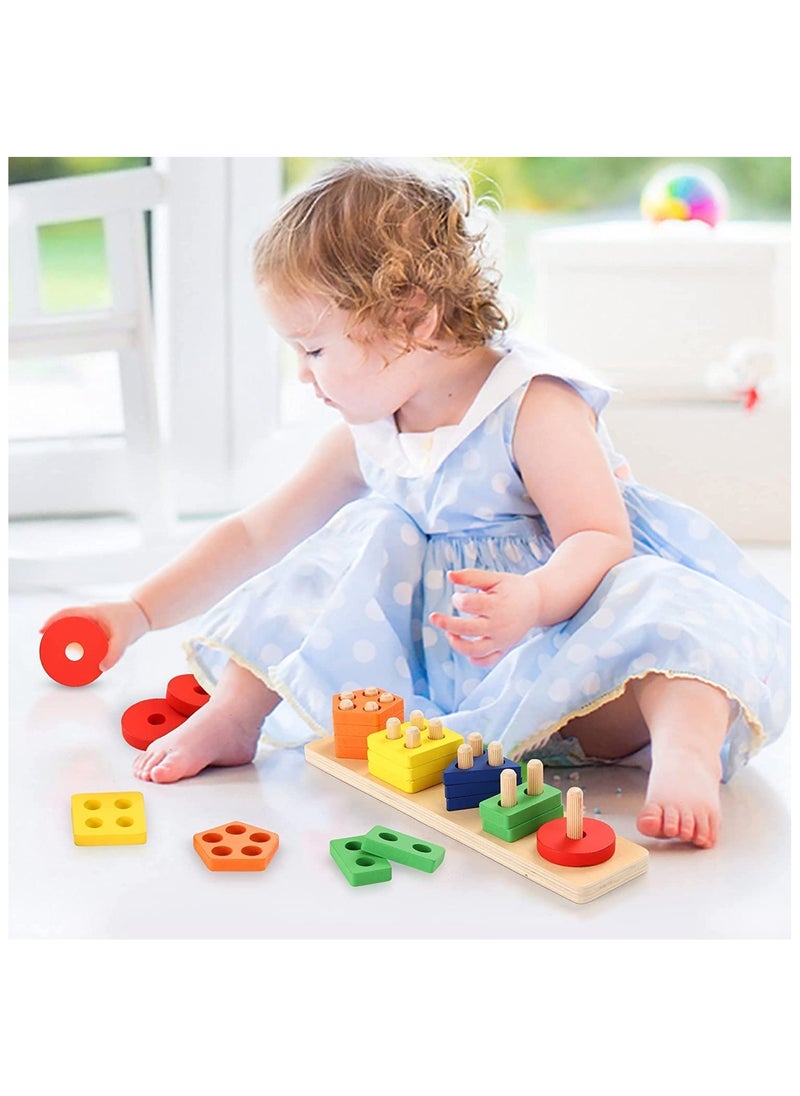 SKY-TOUCH - Wooden Sorting & Stacking Toys, Shape Color Recognition Geometric Blocks Matching Puzzle with Lacing String, Educational Preschool Learning Board Game Gift for Babies - Image 1