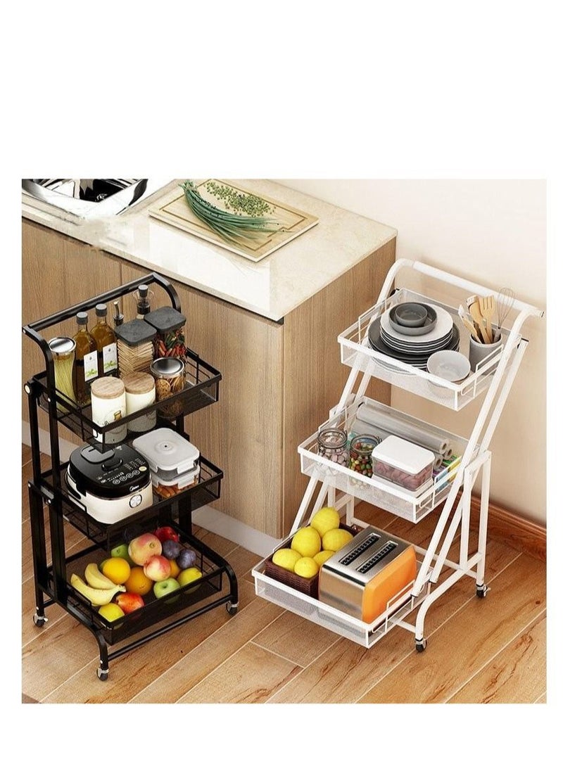 EMZJ - Kitchen Floor-mounted Trolley Rack Multifunctional Parallel Folding Vegetable and Fruit Storage Basket 360 Degree Rotation - Image 1