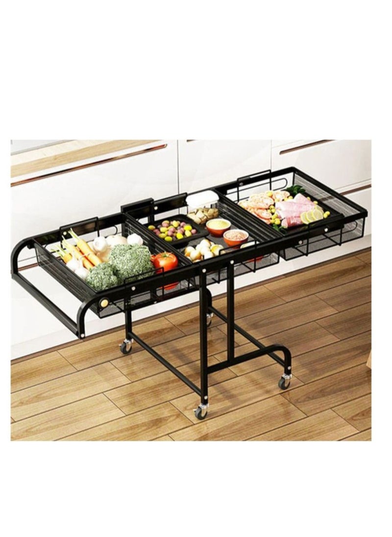 EMZJ - Kitchen Floor-mounted Trolley Rack Multifunctional Parallel Folding Vegetable and Fruit Storage Basket 360 Degree Rotation - Image 1