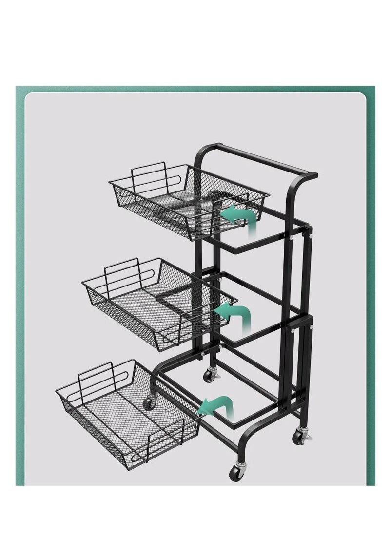 EMZJ - Kitchen Floor-mounted Trolley Rack Multifunctional Parallel Folding Vegetable and Fruit Storage Basket 360 Degree Rotation - Image 1