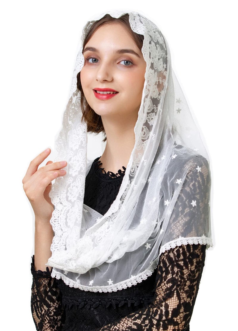 PAMOR Infinity Venise Lace Chapel Veil Latin Mass Mantilla Floral Church Veils Head Covering (White) - Image 1
