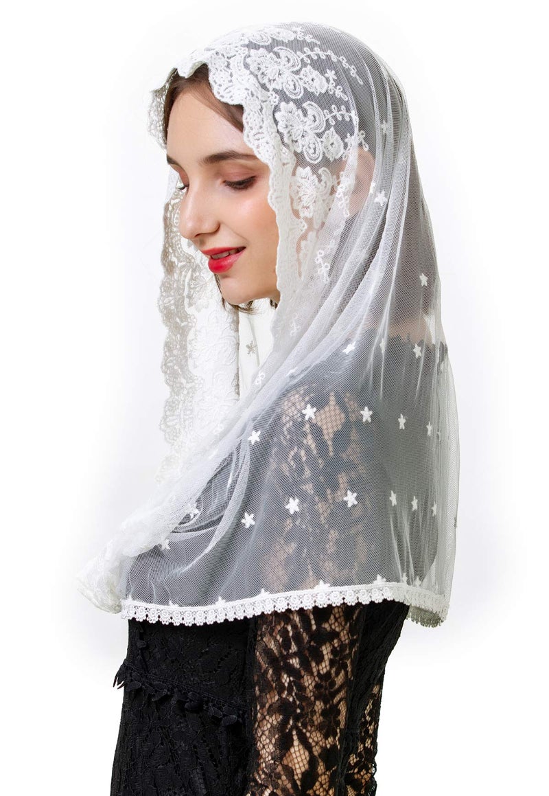 PAMOR Infinity Venise Lace Chapel Veil Latin Mass Mantilla Floral Church Veils Head Covering (White) - Image 3