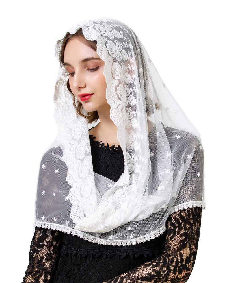 PAMOR Infinity Venise Lace Chapel Veil Latin Mass Mantilla Floral Church Veils Head Covering (White) - Image 2