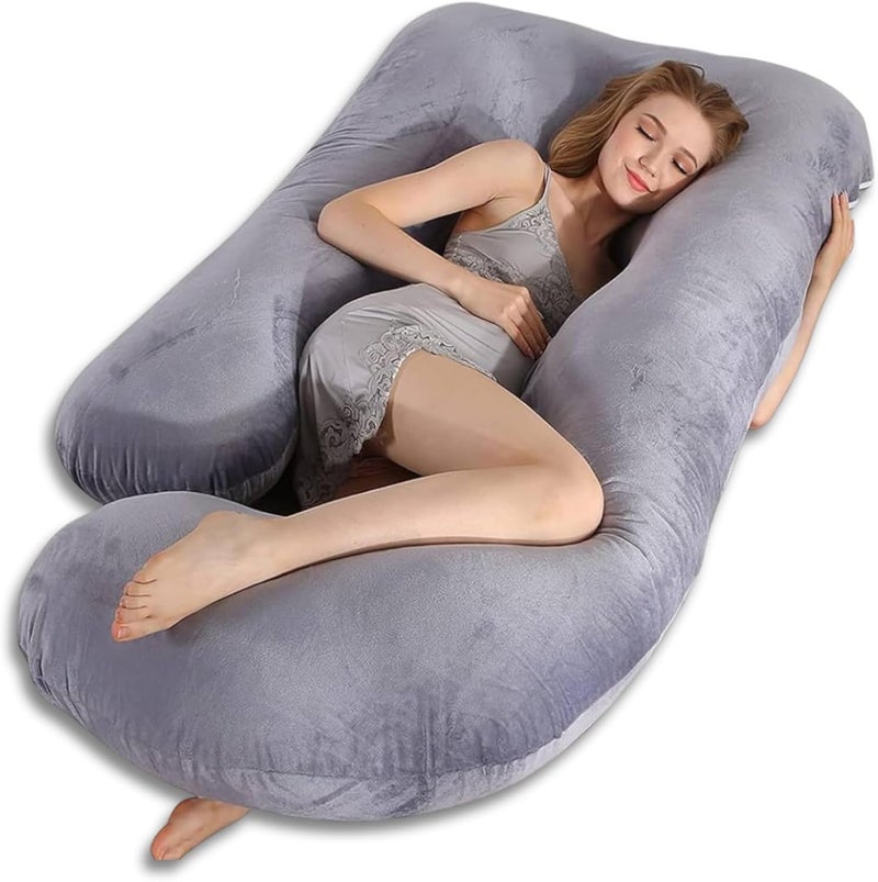 MUSA MUSAÂ® J-Shaped Pregnancy Pillow for Belly Support - Full Body Maternity Pillow with Removable Cover (Grey, 57" X 28") - Image 1