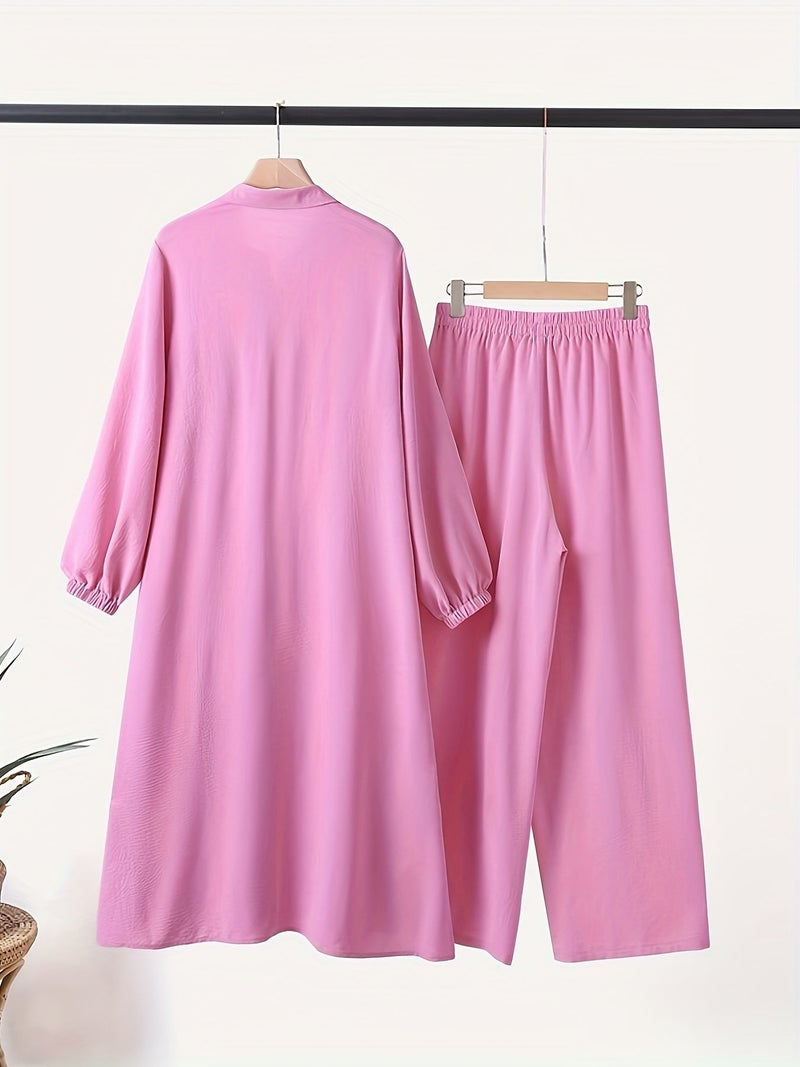 New Arabian 2pcs Abaya Set - Women'S Elegant Multi-Button Solid Color Long Sleeve Wide-Leg Pants Without for Ramadan Spring Autumn Daily Commute - Image 4