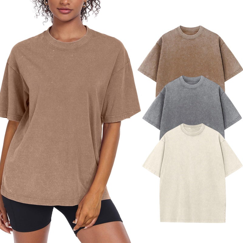 SnowElve 3 Pack Womens Washed Vintage Oversized T-Shirt Baggy Workout Tops Short Sleeve Cotton Tshirts Streetwear Boyfriend Tee(W-BGCFGY,l) - Image 1