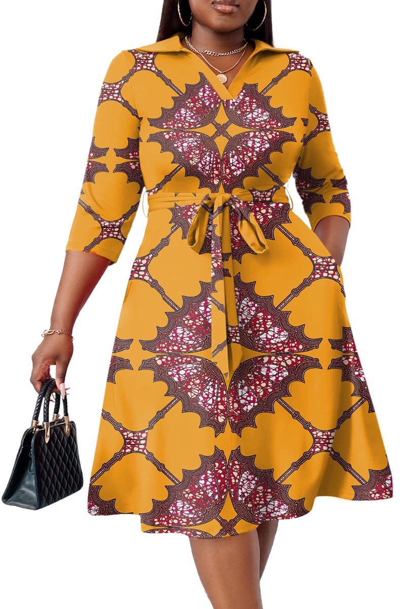 FANDEE Midi Dresses for Women A-Line Fit and Flare Dress Cocktail Wedding Guest Work Dress with Pockets Yellow Print 2XL - Image 1