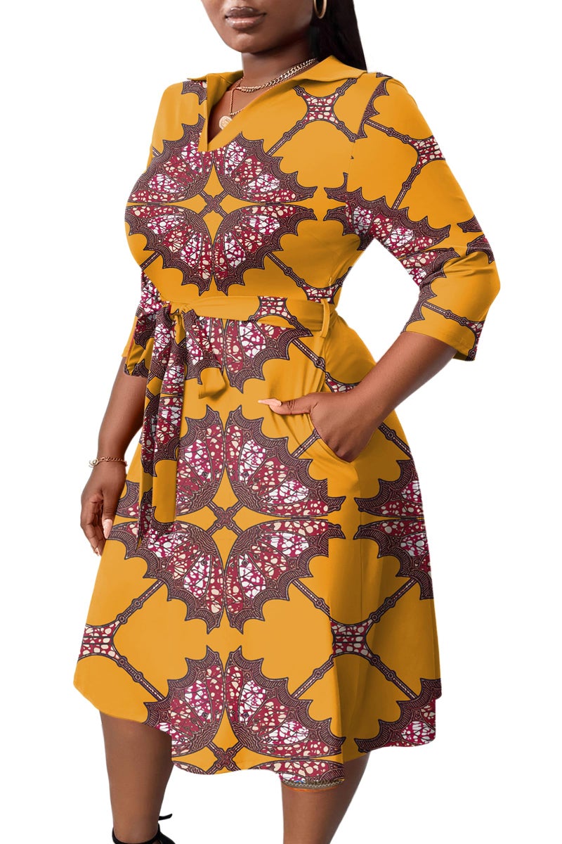 FANDEE Midi Dresses for Women A-Line Fit and Flare Dress Cocktail Wedding Guest Work Dress with Pockets Yellow Print 2XL - Image 2