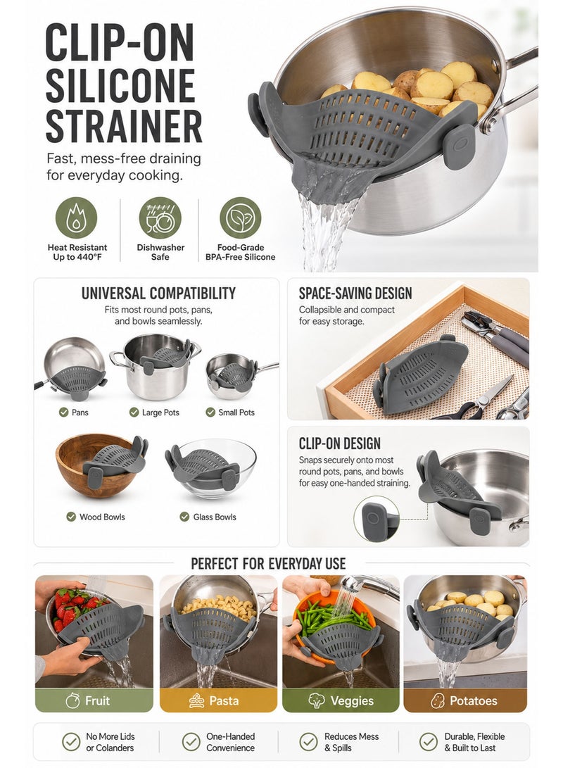 Snap N Strain Clip-On Silicone Pot Strainer, Adjustable Pasta & Food Strainer for Pots, Pans & Bowls, Heat Resistant Kitchen Colander, Dishwasher Safe - Image 2