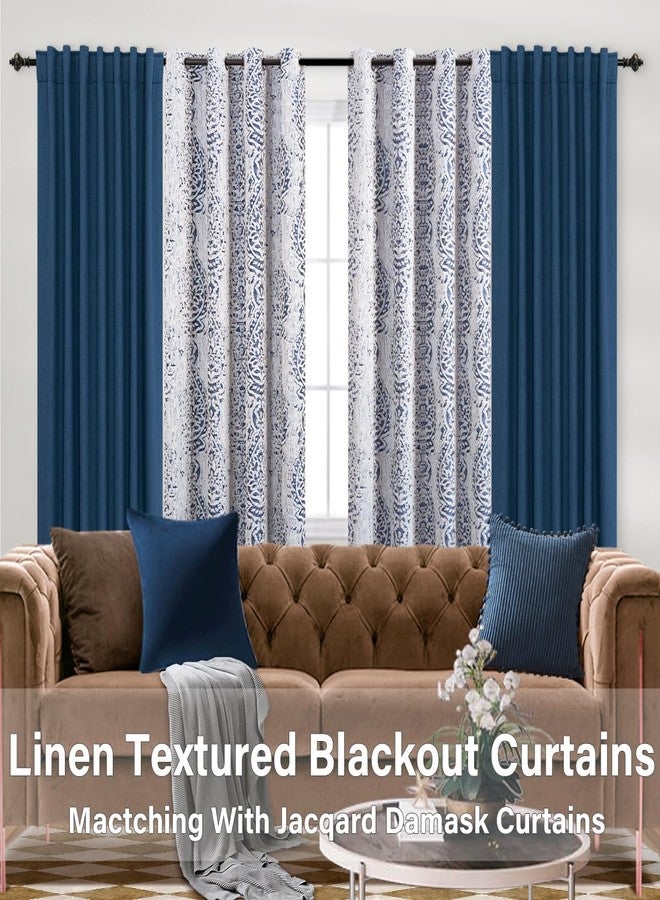 KOUFALL ستائر كوفال المزخرفة لغرفة المعيشة، طول 84 بوصة، طقم من لوحتين، ستائر معتمة بنمط دمشقي وميدالية صينية مطبوعة، ستائر جاكار محكمة، ستائر حرارية بحلقات معدنية لغرفة النوم الشتوية، لون أزرق داكن - Image 2