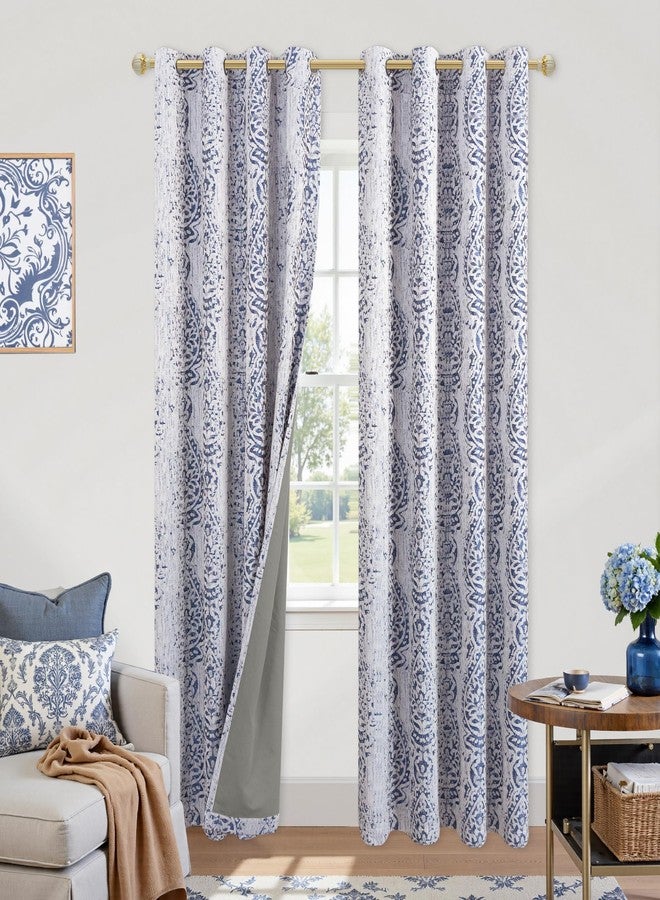 KOUFALL ستائر كوفال المزخرفة لغرفة المعيشة، طول 84 بوصة، طقم من لوحتين، ستائر معتمة بنمط دمشقي وميدالية صينية مطبوعة، ستائر جاكار محكمة، ستائر حرارية بحلقات معدنية لغرفة النوم الشتوية، لون أزرق داكن - Image 3