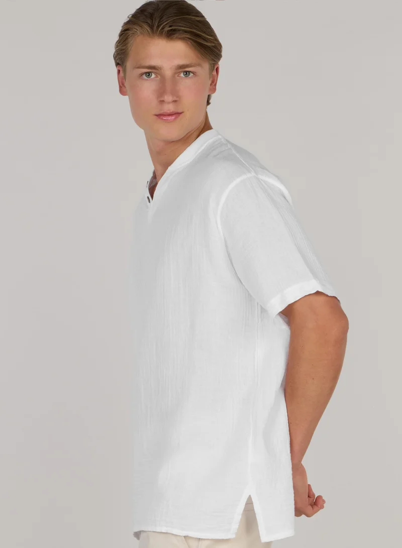 Just Nature White Henley Neck Cotton Resort T-Shirt for Men | Best Price UAE