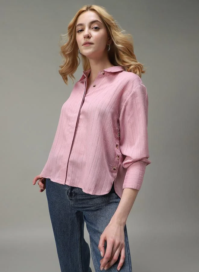 Outzidr  Pink Side Button Detail Textured Shirt for Women | Best Price UAE