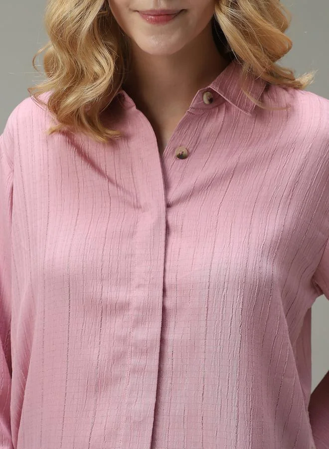 Outzidr  Pink Side Button Detail Textured Shirt for Women | Best Price UAE