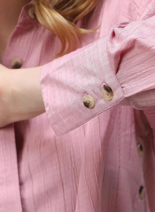 Outzidr  Pink Side Button Detail Textured Shirt for Women | Best Price UAE