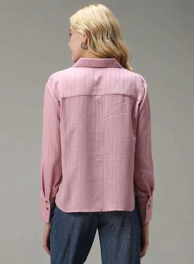 Outzidr  Pink Side Button Detail Textured Shirt for Women | Best Price UAE