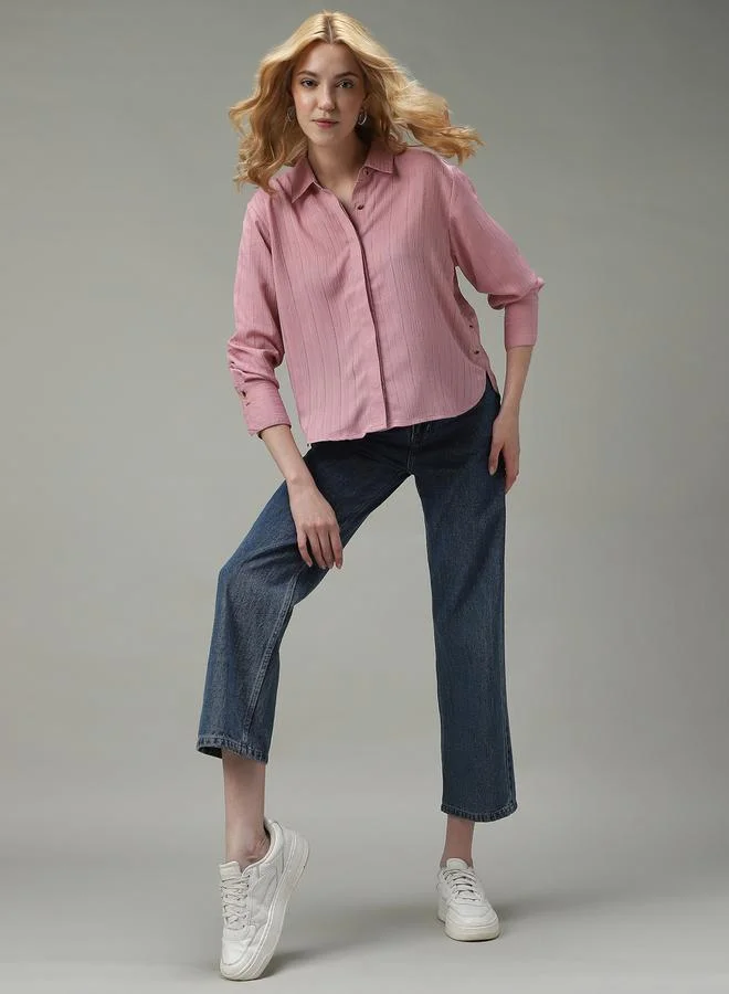 Outzidr  Pink Side Button Detail Textured Shirt for Women | Best Price UAE