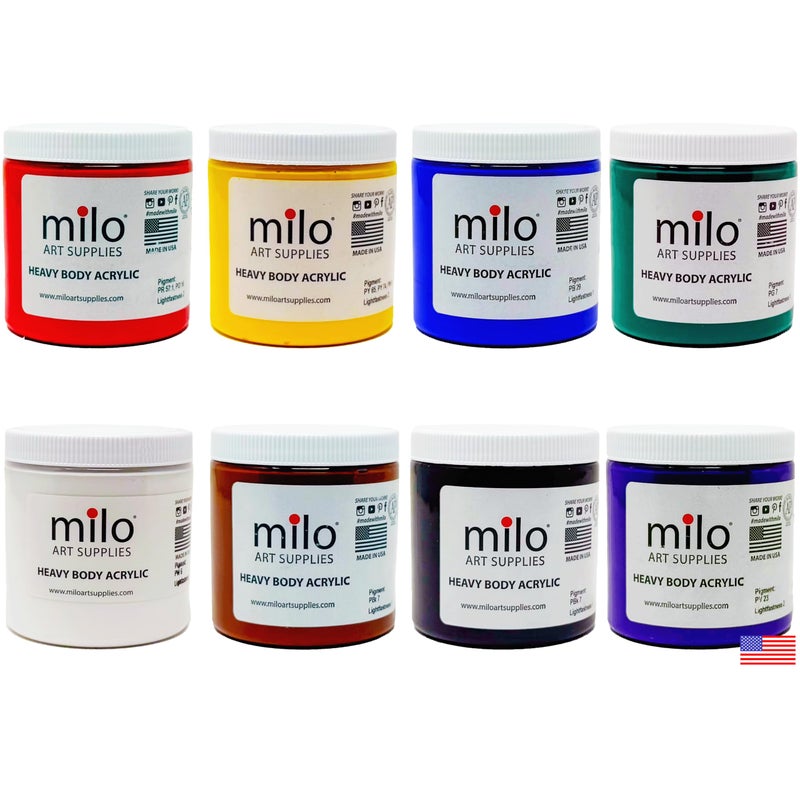 milo Acrylic Paint Set of 8 Colors 8 ounce Jars Heavy Body Acrylic Painting Set Made in the USA NonToxic Holds Texture and Brush Strokes
