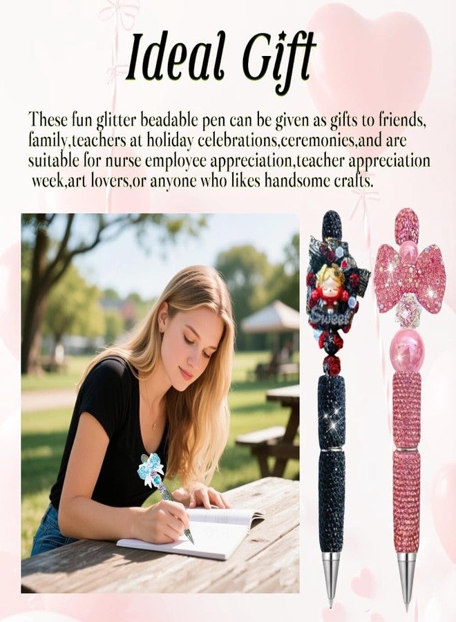 KUNHEHO 7Pcs Glitter Beadable Pens Full Rhinestone Fancy Pen for Beads Cute Journalling Pen for Women Fun Bling Ballpoint Pen Tween girls Gifts Trendy Stuff Black - Image 2