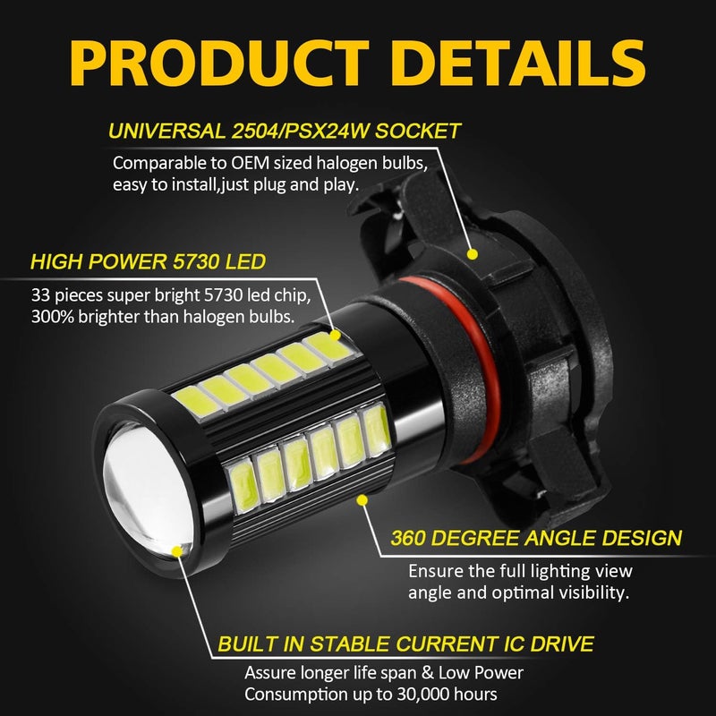 AUXLIGHT 2504 PSX24W 12276 LED Fog Light Bulbs 6000K Xenon White, Super Bright 2800 Lumens 33-SMD Chips LED Daytime Running Lights DRL Bulbs Replacement for Cars, Trucks (Pack of 2) - Image 2