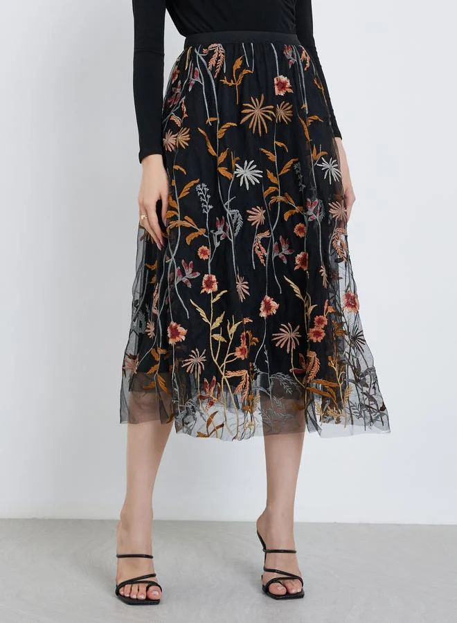 تايك تو Take Two Women's A-Line Floral Embroidery Mesh Maxi Skirt