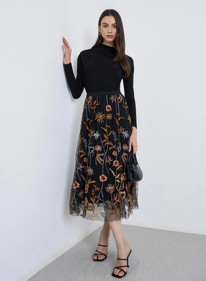 تايك تو Take Two Women's A-Line Floral Embroidery Mesh Maxi Skirt