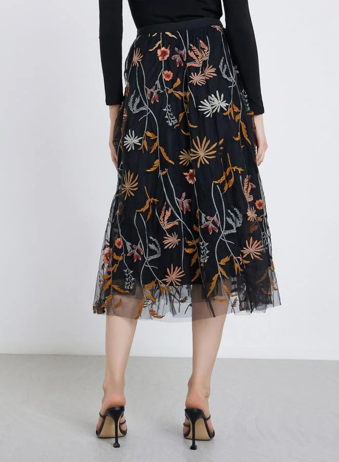 تايك تو Take Two Women's A-Line Floral Embroidery Mesh Maxi Skirt