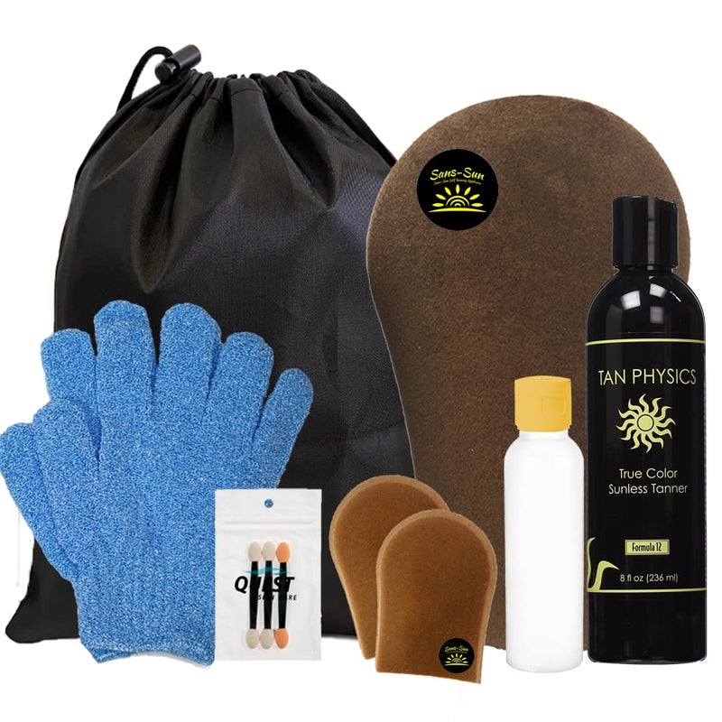 Tan Physics Tan Physics Self Tanner  11pc Sunless Tanning Kit with True Color Tanner Exfoliation Gloves Travel Bag  Bottle Face  Body Mitts Detail Applicator for a Flawless Glow 