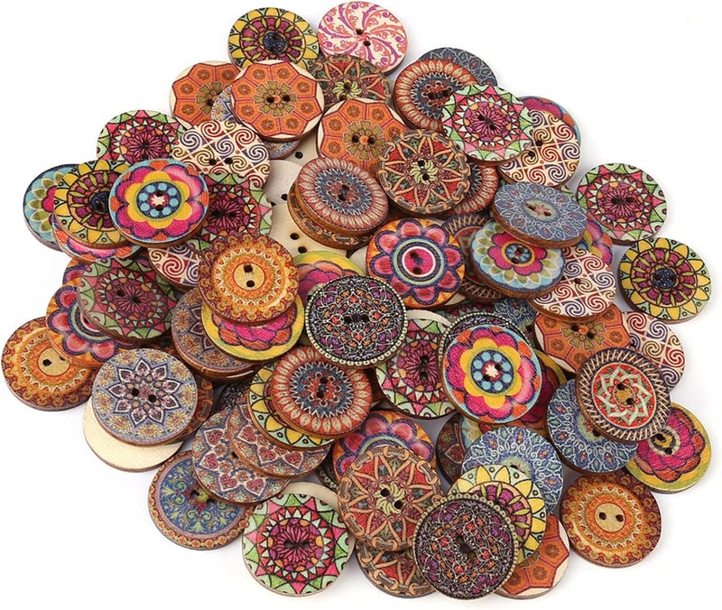 Naroote 100Pcs Vintage Wood Button, 25mm Mixed Pattern 2 Hole Wooden Buttons, Decorative Buttons for DIY Sewing Craft, Ideal for Clothing Jackets - Image 1