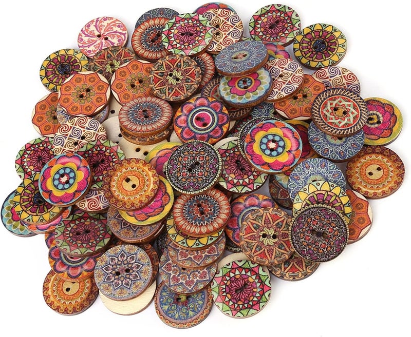 Naroote 100Pcs Vintage Wood Button, 25mm Mixed Pattern 2 Hole Wooden Buttons, Decorative Buttons for DIY Sewing Craft, Ideal for Clothing Jackets - Image 4