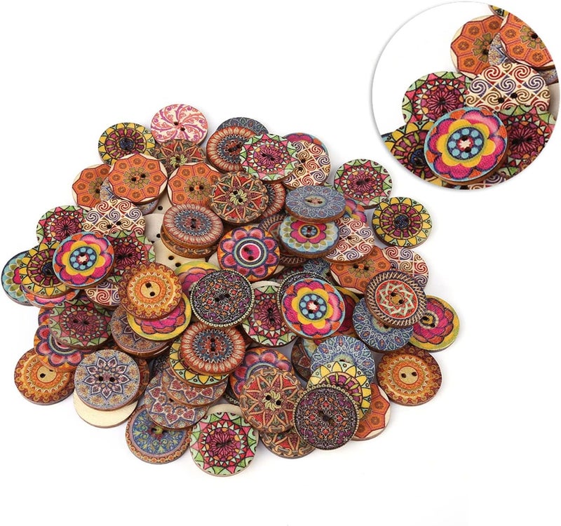 Naroote 100Pcs Vintage Wood Button, 25mm Mixed Pattern 2 Hole Wooden Buttons, Decorative Buttons for DIY Sewing Craft, Ideal for Clothing Jackets - Image 3
