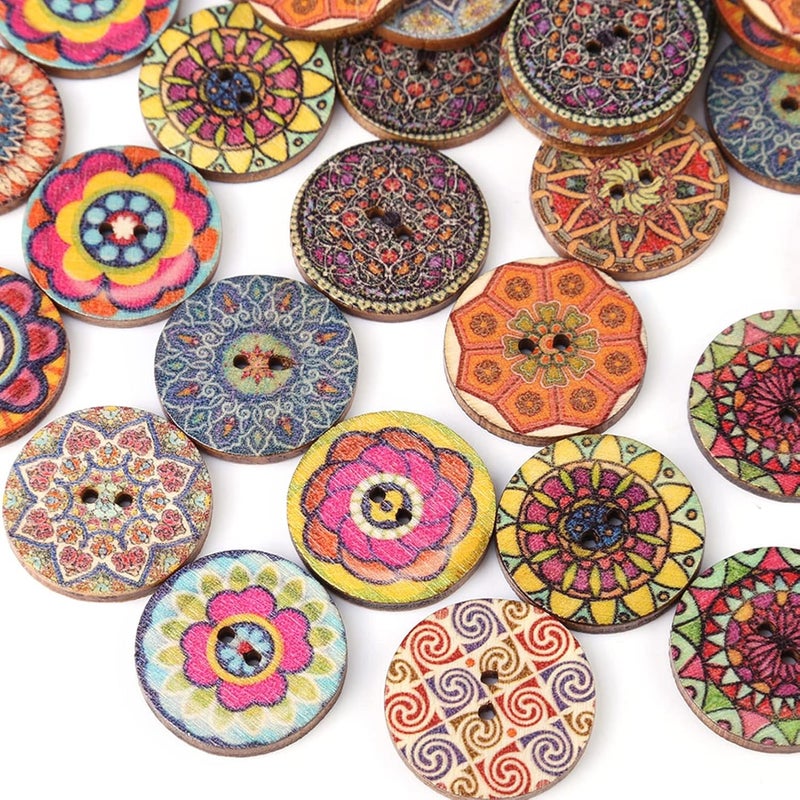 Naroote 100Pcs Vintage Wood Button, 25mm Mixed Pattern 2 Hole Wooden Buttons, Decorative Buttons for DIY Sewing Craft, Ideal for Clothing Jackets - Image 2