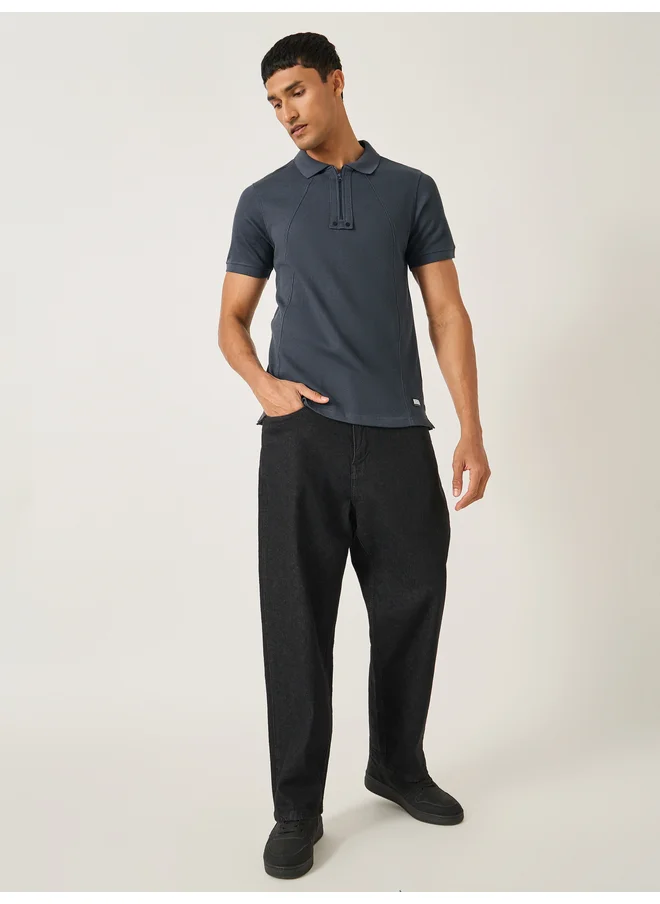 فورت كولينز Fort Collins Men Grey Rib Knit Half-Zip Regular Fit Polo T-Shirt