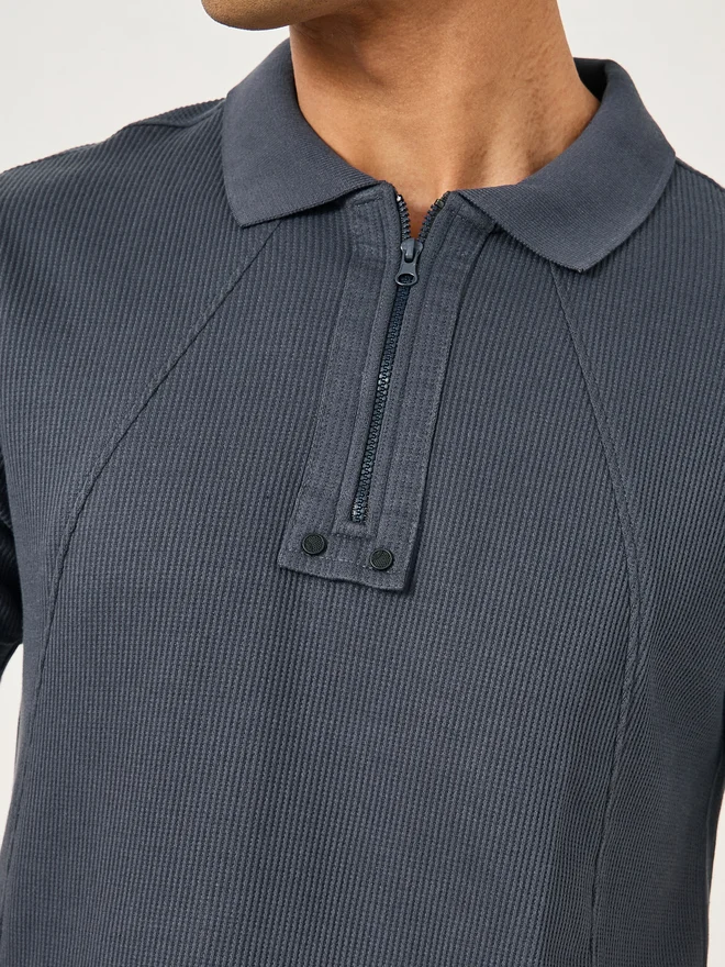 Fort Collins Fort Collins Men Grey Rib Knit Half-Zip Regular Fit Polo T-Shirt