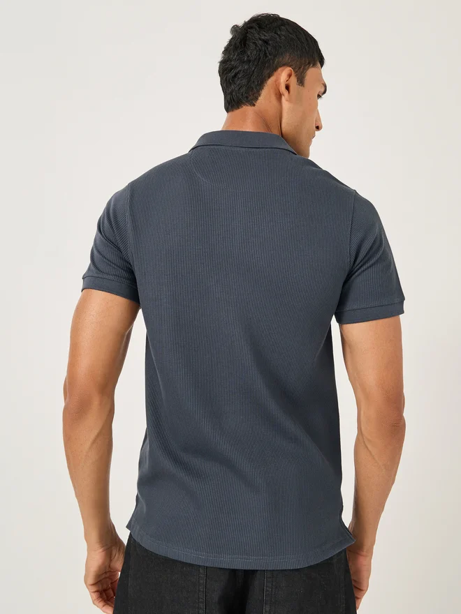 Fort Collins Fort Collins Men Grey Rib Knit Half-Zip Regular Fit Polo T-Shirt