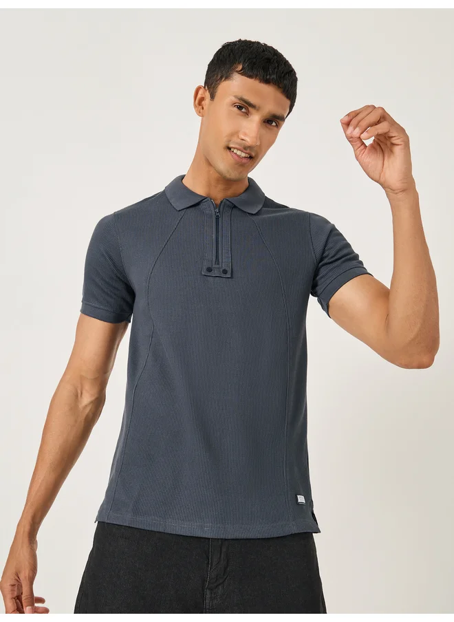 فورت كولينز Fort Collins Men Grey Rib Knit Half-Zip Regular Fit Polo T-Shirt