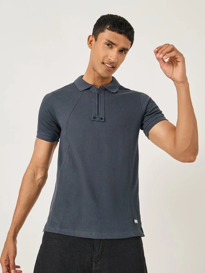Fort Collins Fort Collins Men Grey Rib Knit Half-Zip Regular Fit Polo T-Shirt