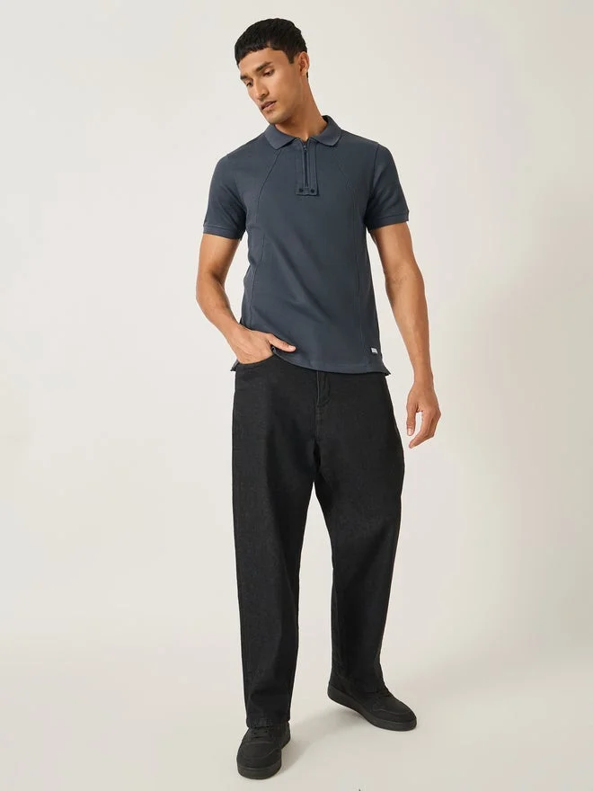 Fort Collins Fort Collins Men Grey Rib Knit Half-Zip Regular Fit Polo T-Shirt